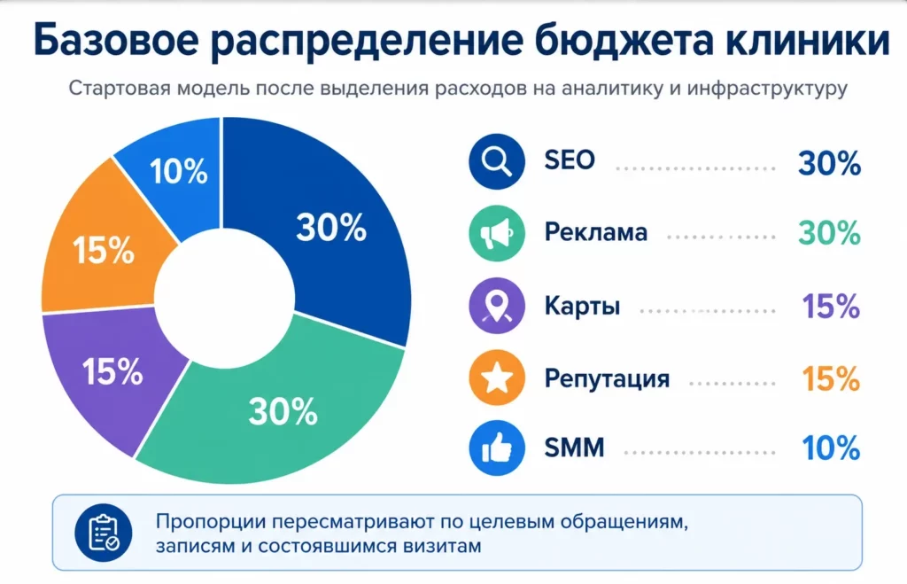 Базовое распределение бюджета клиники: SEO и реклама по 30%, карты и репутация по 15%, SMM 10%