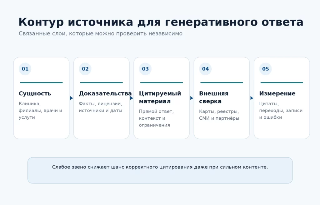 Контур источника: сущности, доказательства, внешняя сверка и измерение Схема пяти слоёв цитируемого источника для генеративного ответа