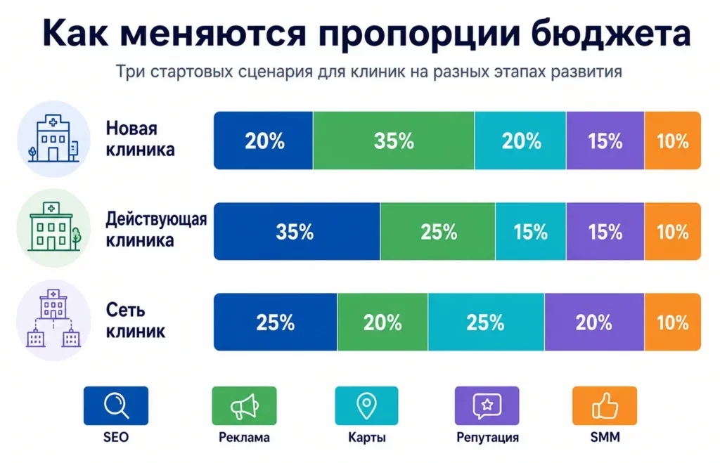 Сравнение долей SEO, рекламы, карт, репутации и SMM для новой клиники, действующего центра и сети филиалов